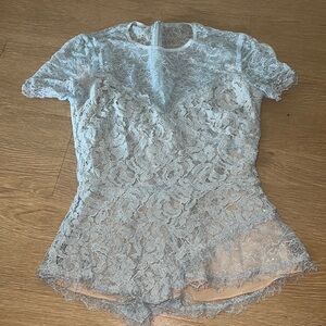 BCBGMaxAzria light blue and nude short sleeved lace peplum blouse